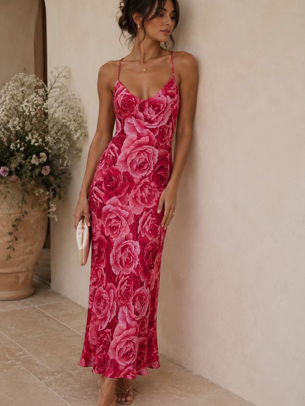 Silk & Satin Y2K Rose Print Slip Sheer Dress Maxi Pink Medium Floral Romantic
